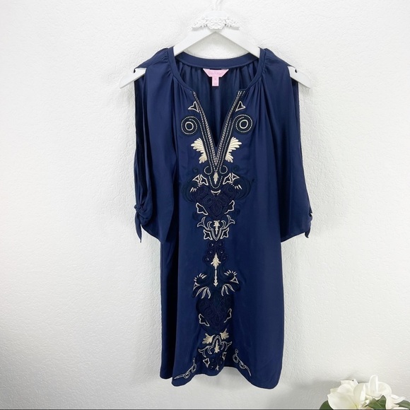 Lilly Pulitzer Bryce Silk Dress True Navy Embroidered Silk Cold Shoulder XS - Picture 2 of 8